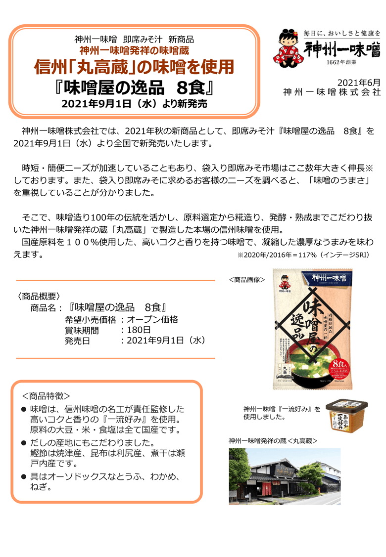 ●神州一味噌　即席みそ汁「味噌屋の逸品　８食」新発売